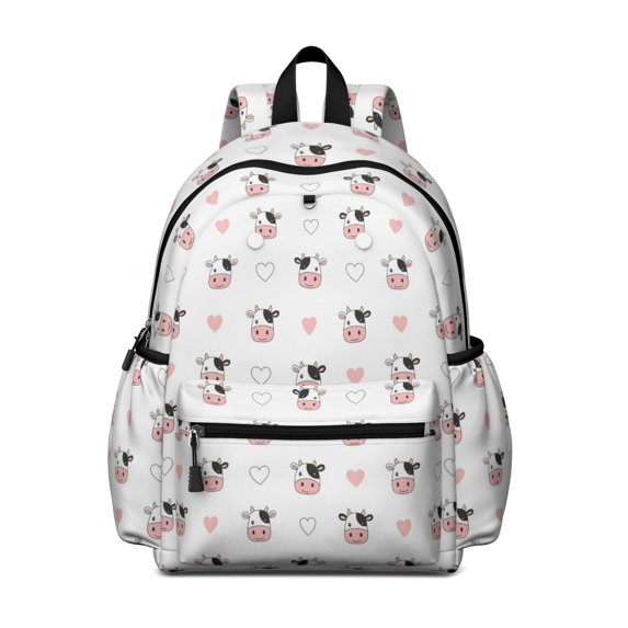 Cow and Heart White Pattern Cute School Backpack with Padded Back and Adjustable Shoulder Straps 13.4"x11"x4.7"