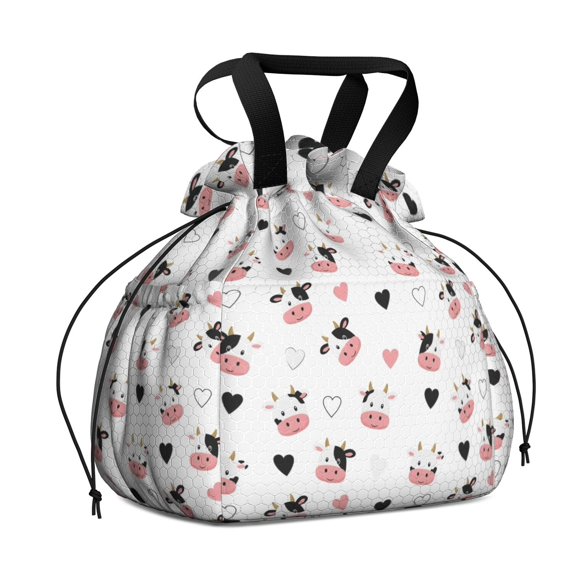 Cow and Heart White Pattern Drawstring Insulated Lunch Bag for Women, Stain-Resistant Large Lunch Tote with Multi-Pockets for Work Office