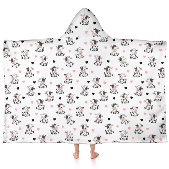 Cow and Heart White Pattern Hooded Bath Towel Wrap for Teens Ages 3 To 12, Soft Lightweight Quick Dry Microfiber Bath Beach Pool, 60"x35"