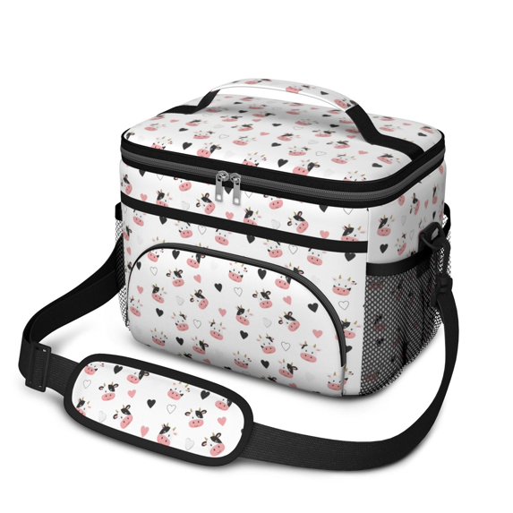 Cow and Heart White Pattern Insulated Lunch Box for Women Men, Medium Leakproof Cooler Bag with Adjustable Strap, 10"x6.7"x8"