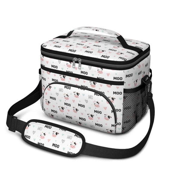 Cow and Heart White Pattern Insulated Lunch Box for Women Men, Medium Leakproof Cooler Bag with Adjustable Strap, 10"x6.7"x8"