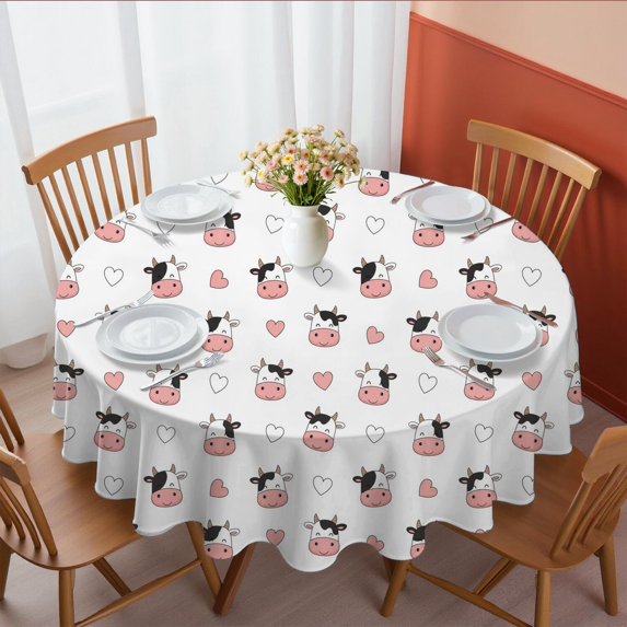 Cow and Heart White Pattern Round Tablecloth 60"x60", Wrinkle Resistant Wipeable Table Cover for Kitchen Dining Room Picnic Patio and Party