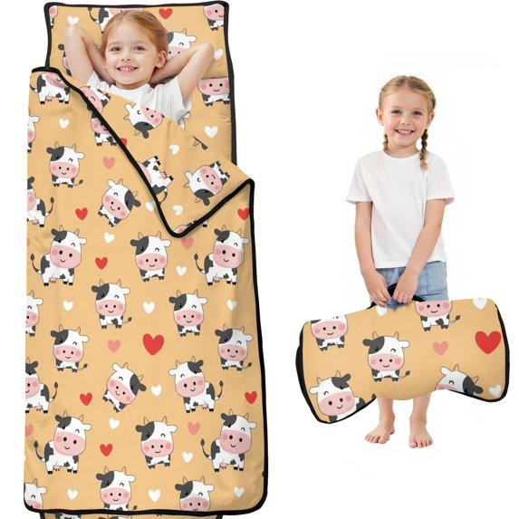 Cow and Heart Yellow Pattern Toddler Nap Mat with Pillow & Blanket, Soft Sleeping Mat for Preschool Daycare Travel Sleepovers