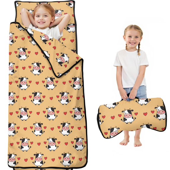 Cow and Heart Yellow Pattern Toddler Nap Mat with Pillow & Blanket, Soft Sleeping Mat for Preschool Daycare Travel Sleepovers