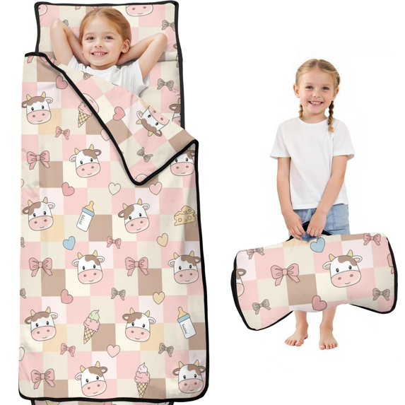 Cow and Ice Cream Beige Pattern Toddler Nap Mat with Pillow & Blanket, Soft Sleeping Mat for Preschool Daycare Travel Sleepovers