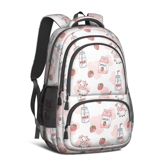 Cow and Milk Pink Pattern Cute School Backpack Bag with Padded Back and Adjustable Shoulder Straps 16.9 X 12.6 X 5.9 Inches