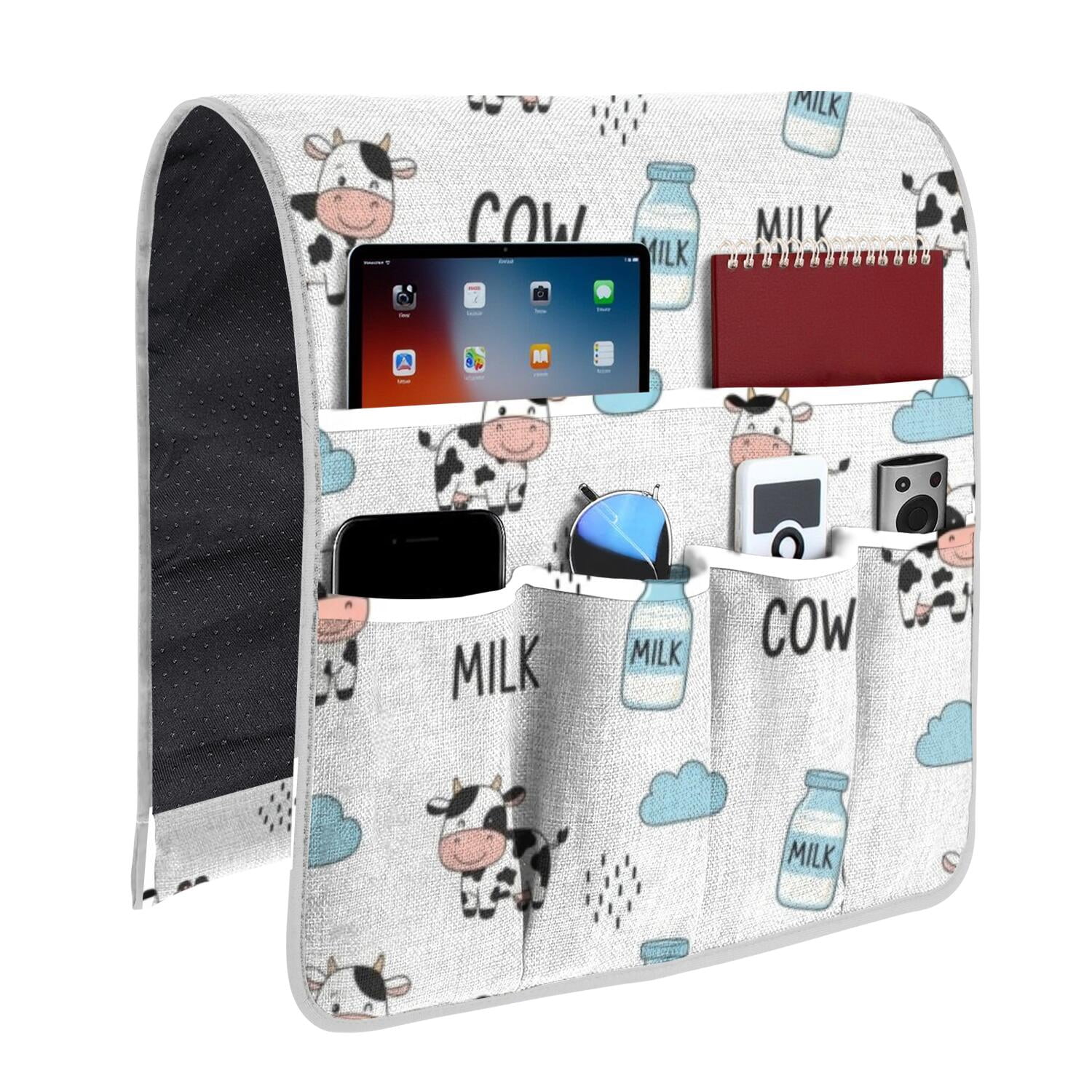White Electronic Pattern Cow and Milk White Pattern Armrest Organizer, Couch Pocket Organizer ...