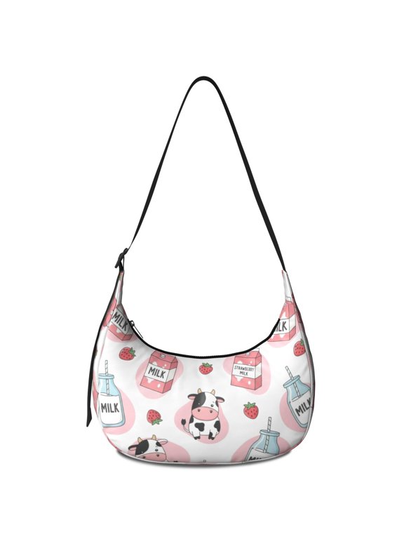 Cow and Milk White Pattern Hobo Shoulder Bag, Daily Shoulder Handbag with Adjustable Strap, Sturdy Stitching Gift Ideas for Walking Travel Shopping