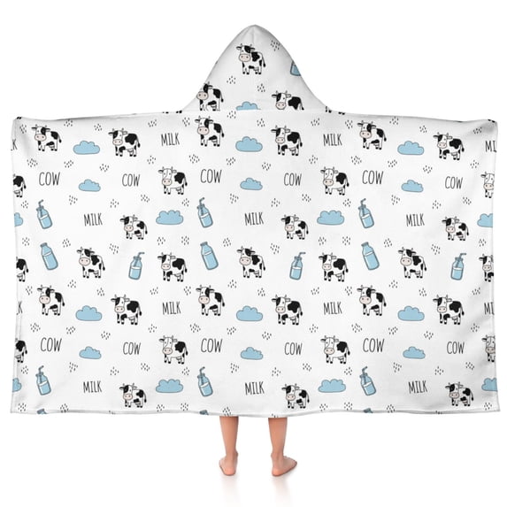 Cow and Milk White Pattern Hooded Bath Towel Wrap for Teens Ages 3 To 12, Soft Lightweight Quick Dry Microfiber Bath Beach Pool, 50"x30"
