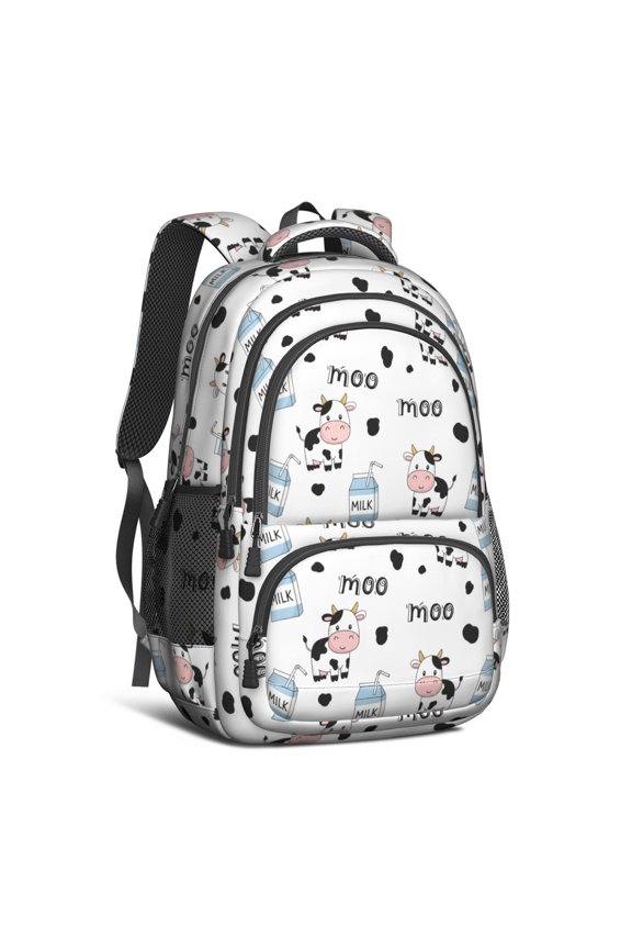 Cow and Moo White Pattern 16.9 Inch Lightweight School Bag, Cute Multi-Pocket Backpack with Padded Back for Daily Use