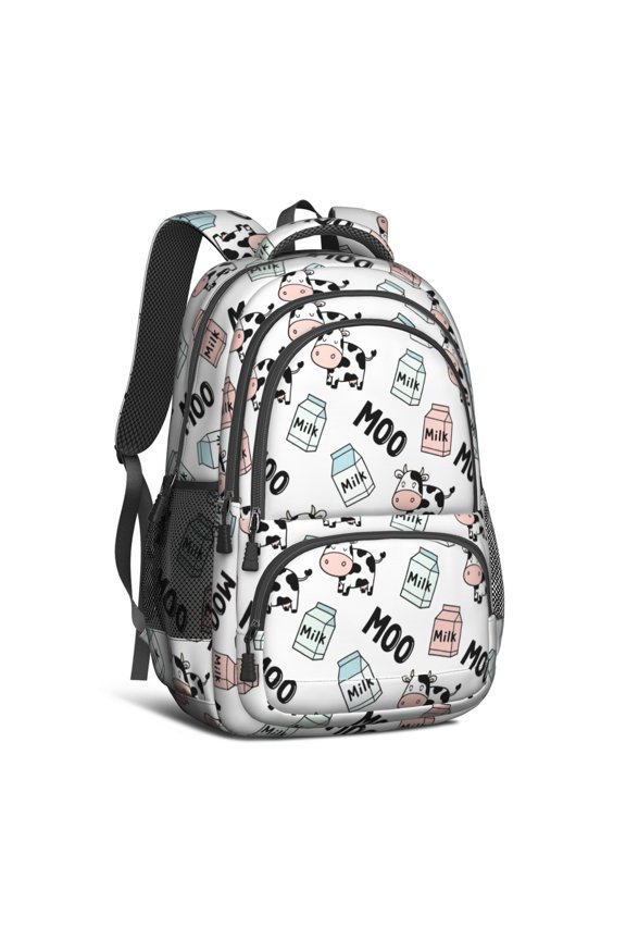 Cow and Moo White Pattern 16.9 Inch Lightweight School Bag, Cute Multi-Pocket Backpack with Padded Back for Daily Use