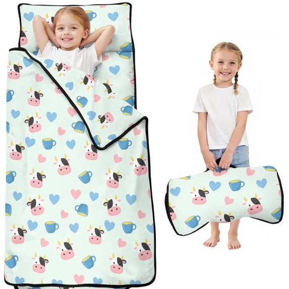 Cow and Mug Blue Pattern Toddler Nap Mat with Pillow & Blanket, Soft Sleeping Mat for Preschool Daycare Travel Sleepovers
