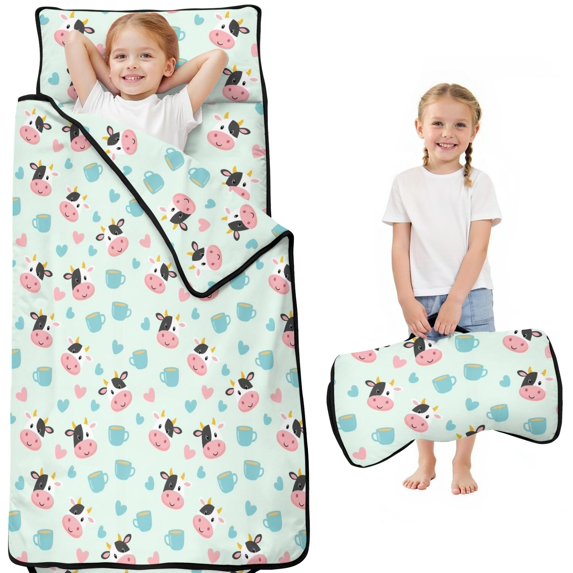 Cow and Mug Blue Pattern Toddler Nap Mat with Pillow & Blanket, Soft Sleeping Mat for Preschool Daycare Travel Sleepovers