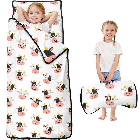Cow and Smile White Pattern Toddler Nap Mat with Pillow & Blanket, Soft Sleeping Mat for Preschool Daycare Travel Sleepovers