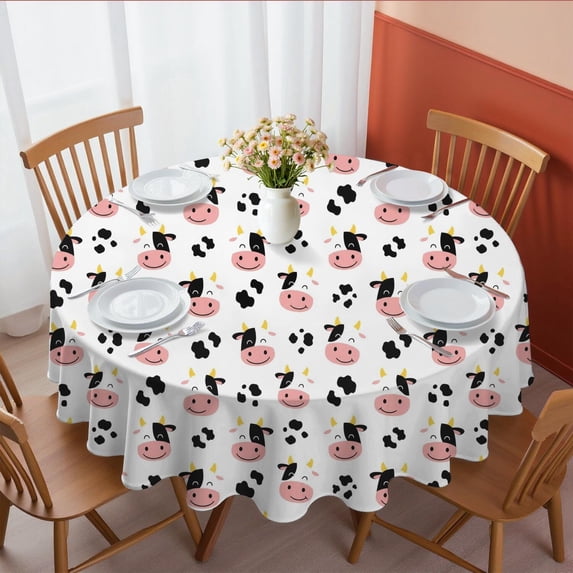 Cow and Spot White Pattern Round Tablecloth 70"x70", Wrinkle Resistant Wipeable Table Cover for Kitchen Dining Room Picnic Patio and Party