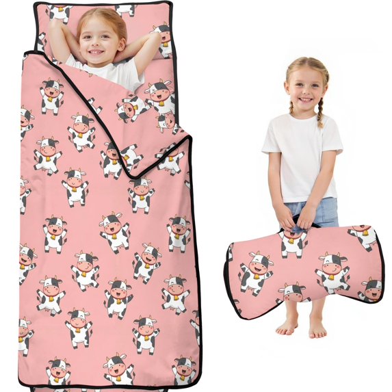 Cow and Star Pink Pattern Teens Toddler Nap Mat with Pillow, Sleeping Mat Bag for Preschool Daycare 59"x22"