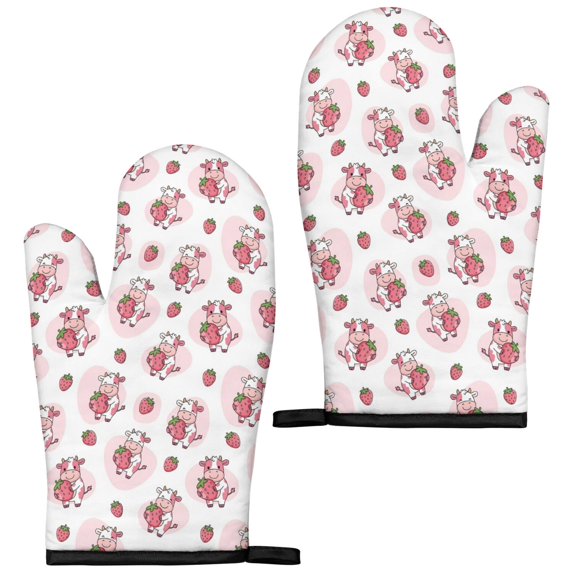 Cow and Strawberry Pink Pattern Cute Oven Mitts 2-Pack Set, Heat Resistant Kitchen Gloves for Oven, 7.7"x12"