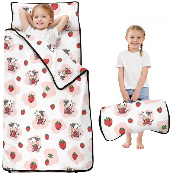 Cow and Strawberry Pink Pattern Teens Toddler Nap Mat with Pillow, Sleeping Mat Bag for Preschool Daycare 50"x20"
