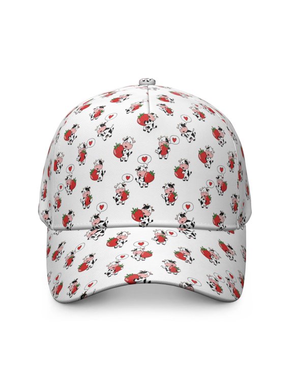 Cow and Strawberry White Pattern Baseball Cap, Sports Sun Cap with Snap Closure & Sweatband, Breathable Eyelets Gifts for Unisex Men Women
