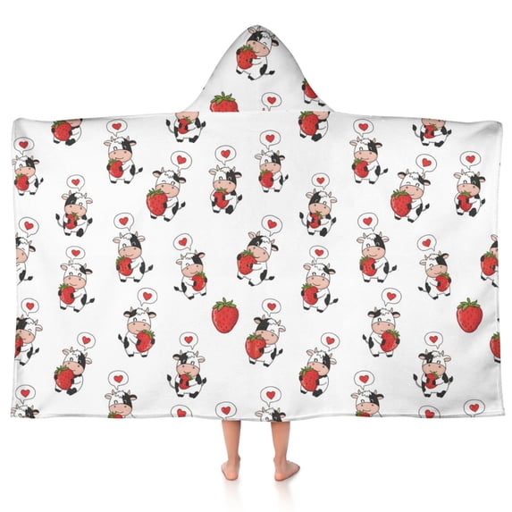 Cow and Strawberry White Pattern Hooded Bath Towel Wrap for Teens Ages 3 To 12, Soft Lightweight Quick Dry Microfiber Bath Beach Pool, 50"x30"
