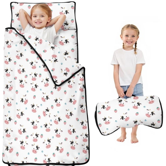 Cow and Strawberry White Pattern Teens Toddler Nap Mat with Pillow, Sleeping Mat Bag for Preschool Daycare 51"x22"