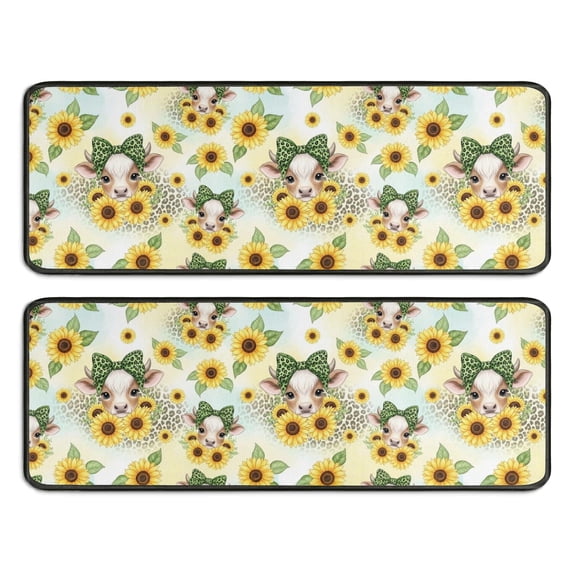 Cow and Sunflower Print Anti Fatigue Kitchen Rugs Set Of 2, Non Slip Washable Decorative Floor Mats for Sink Laundry and Home Use, 17"x47"