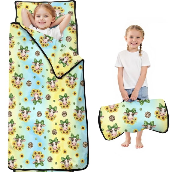Cow and Sunflower Print Teens Toddler Nap Mat with Pillow, Sleeping Mat Bag for Preschool Daycare 59"x22"