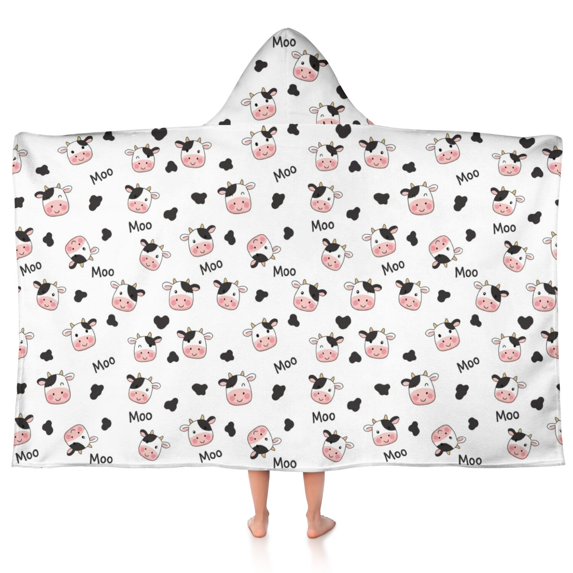 Cow and Text White Pattern Hooded Bath Towel Wrap for Teens Ages 3 To 12, Soft Lightweight Quick Dry Microfiber Bath Beach Pool, 50"x30"