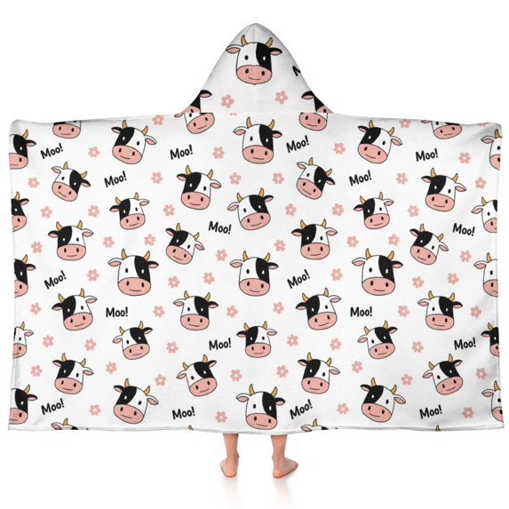 Cow and Text White Pattern Hooded Bath Towel Wrap for Teens Ages 3 To 12, Soft Lightweight Quick Dry Microfiber Bath Beach Pool, 60"x35"