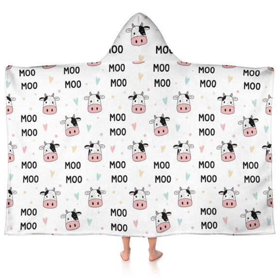 Cow and Text White Pattern Hooded Bath Towel Wrap for Teens Ages 3 To 12, Soft Lightweight Quick Dry Microfiber Bath Beach Pool, 60"x35"