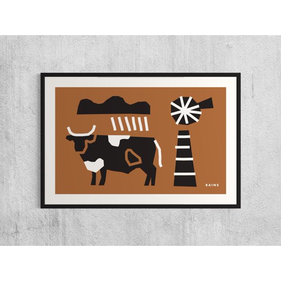 Cow and Windmill Print Farmhouse Western Wall Decor, Unframed Paper Poster 8x10in