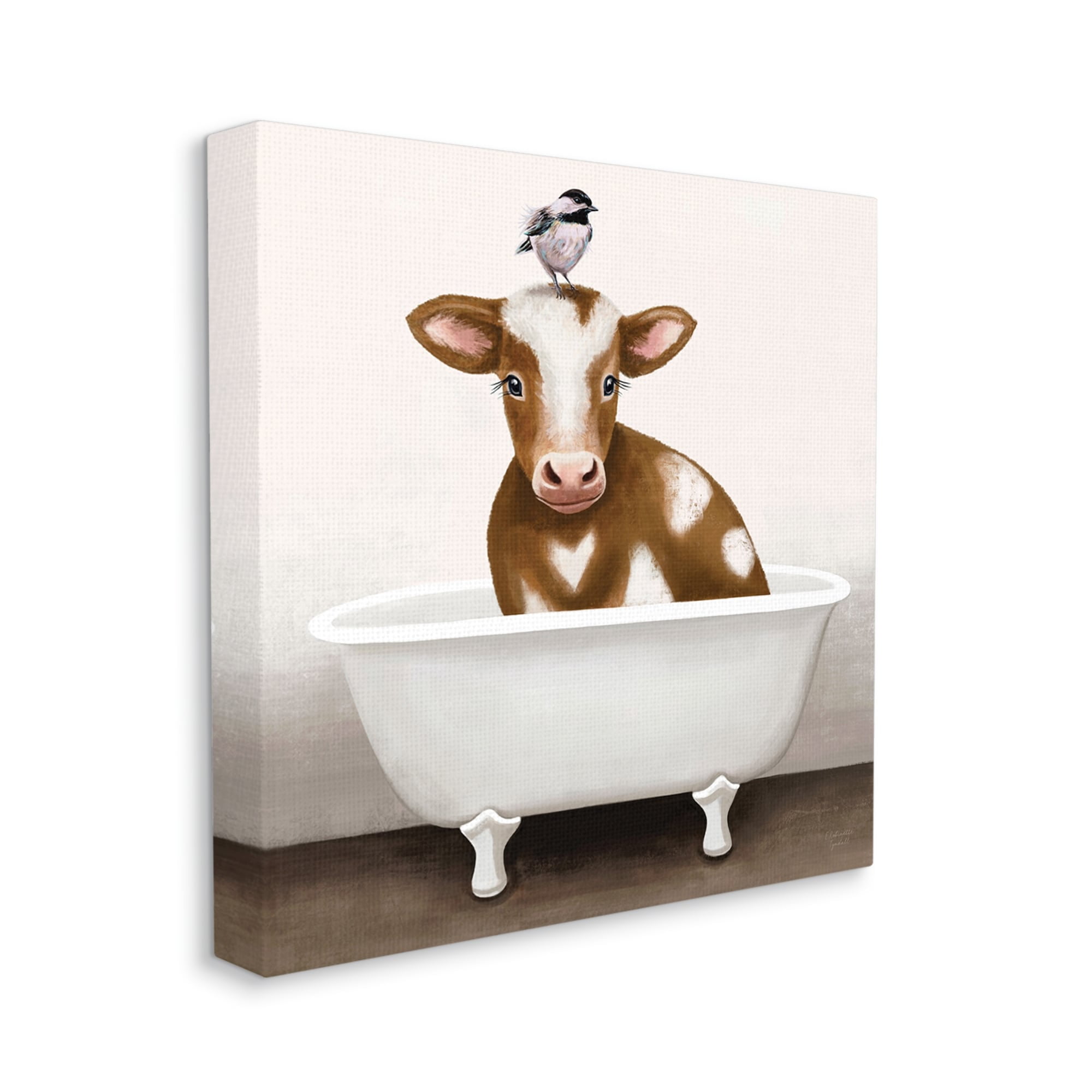 Stupell Industries Cow in Bathtub with Perched Bird Animals,30 x 30,Designed by Elizabeth Tyndall