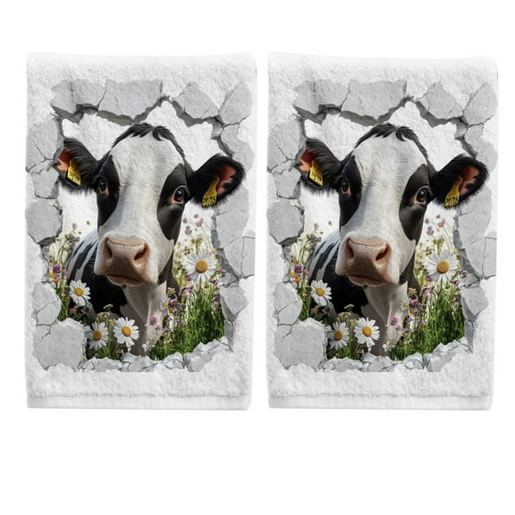 Cow in Wall Hand Towels Set for Bathroom Cotton Face Towel Decorative 15.5x29.5 inch