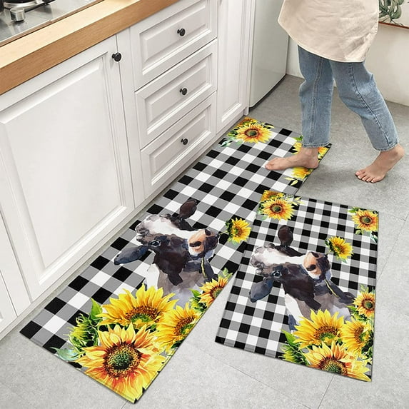 Cow kitchen Rugs, Kitchen Mats for Floor, Black White Buffalo Plaid Kitchen Mat, Kitchen Organization Cow Rug, Anti-Fatigue Mat Kitchen Floor Mats, Kitchen Decor Runner Rug, Cow Sunflower Kitchen Rugs