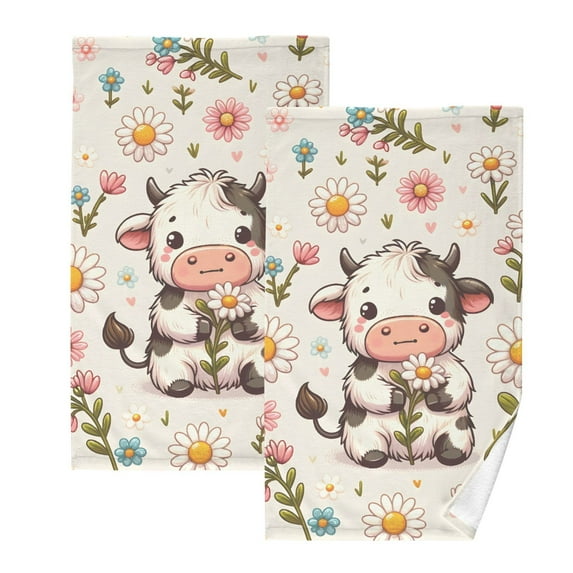 Cow on Flowers Hand Towel Bath Towels Face Towels Cotton Absorbent for Home Hotel Spa Swimming Yoga Sports Decorative Towel Set of 2