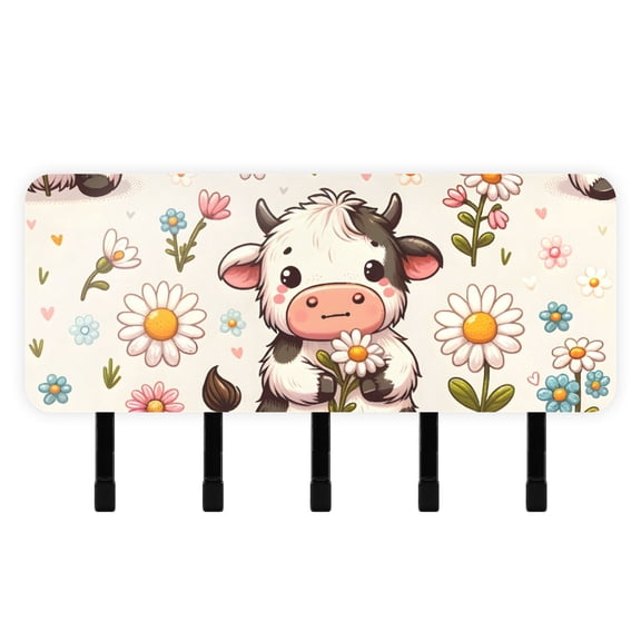 Cow on Flowers Mail Holder Organizer Wall Mount with Shelf Key Holder Key Rack with 5 Key Hooks for Wall Decorative
