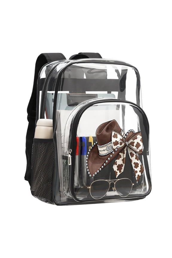 Cow print cowboy hat 16'' Clear Backpack, Heavy Duty PVC Transparent Backpack, See Through Bookbag Multiple Pockets for Stadium,Travel