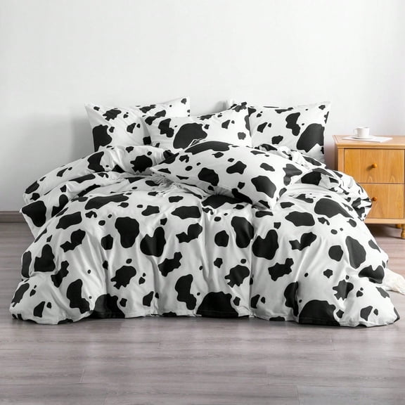 Cow print queen size bedding set with comforter and sheets, black and white geometric pattern, all-season comforter