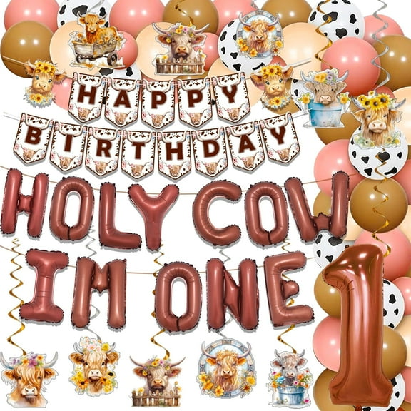 Cow-themed 1st birthday decoration set - A warm rural pastoral ranch-style combination of aluminum foil balloons, banners, and hanging decorations for baby's first birthday party decoration