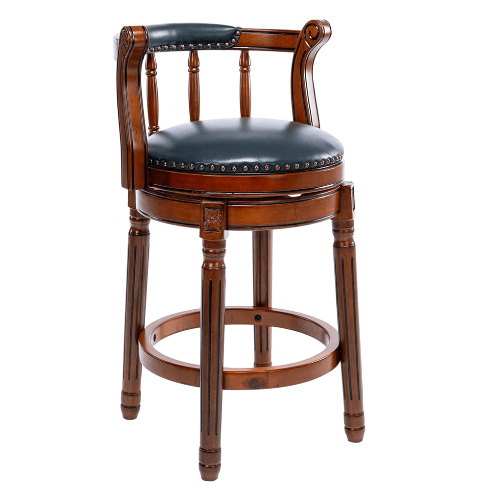 26" Blue Leather Swivel Bar Stool with Wood Frame