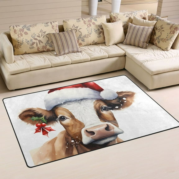 Cow with Christmas Hat Area Floor Mats Non-Slip Rugs Soft Doormat 31 x 20 inch Carpet for Living Dining Room Bedroom Decorative