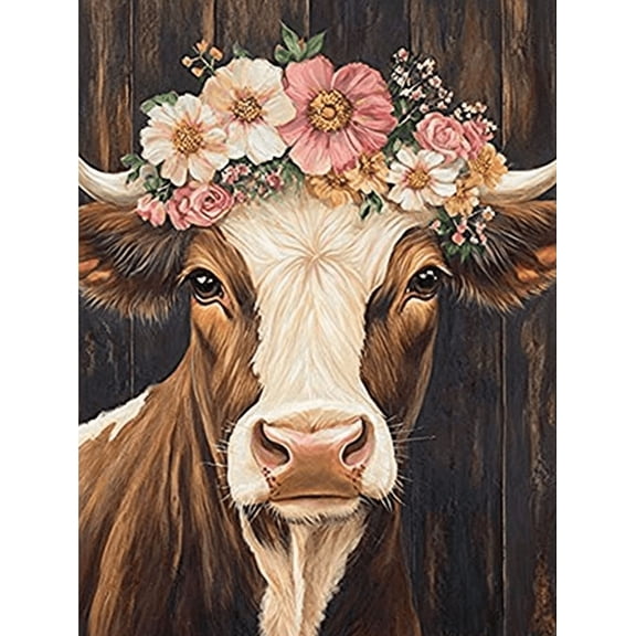 Cow with Flowers Crown Decorative Painting/Canvas Art Perfect for Living Roomand Office Decoration Unique Wall Art with Floral Cow Closeup Design.