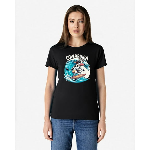 Cowabunga Beach Surfing Cow With A Surfboard Fun Unisex T-Shirt, for men & women, up to size 5XL.