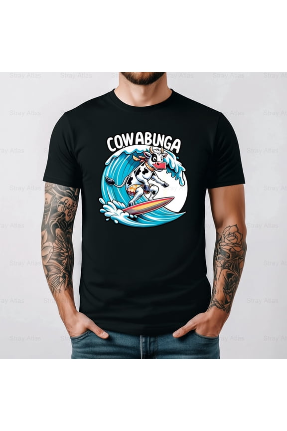 Cowabunga Beach Surfing Cow With Fun Retro Summer Surfboard Graphic Unisex T-Shirt up to 5XL