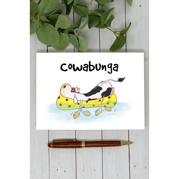 Cowabunga Cow Greeting Card  Fun Summer Pool Float Design  Blank Inside, Envelope Included  Perfect for Birthdays, Summer Celebrations, or Just Because