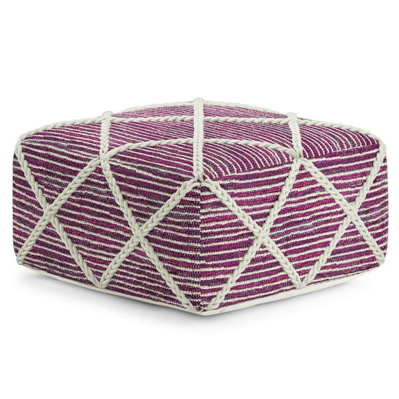 Simpli Home Cowan Contemporary Square Pouf in Magenta and Natural Handloom Woven for the Living , Family, Kids or Bedroom