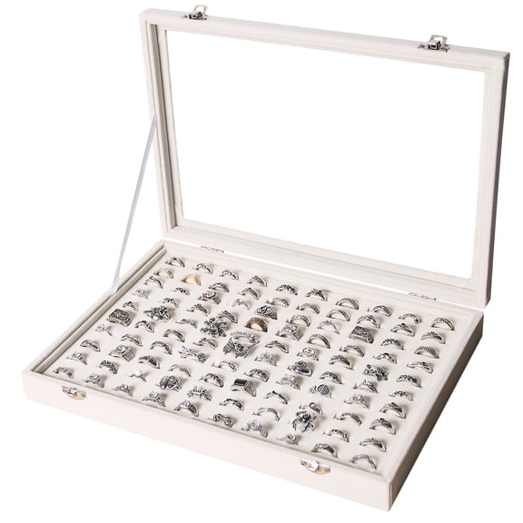 Coward 100 Slots Ring Holder Organizer Display Case Box, Rings Tray with Glass Lid, Jewelry Storage Tray with Glass Lid for Women(Beige)