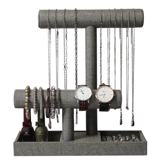 Coward 2 Tier Bracelet Holder, Detachable T Bar Jewelry Organizer Display Stand for Necklace Bangle Watches(Gray Linen)