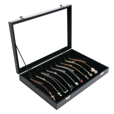 Coward 20 Hooks Necklace Holder Organizer Display Case Box,Jewelry Storage Tray with Glass Lid(Black Velvet)