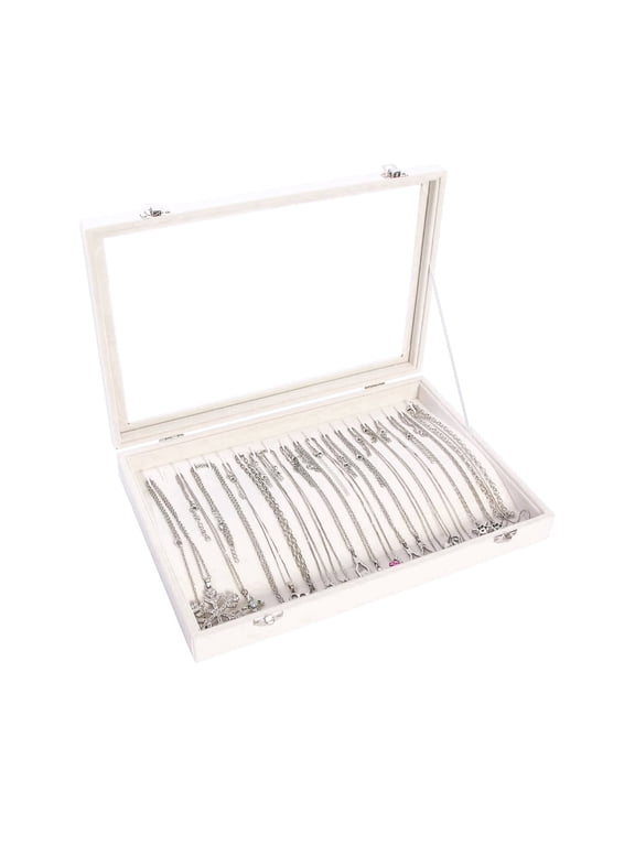 20 Hooks Necklace Holder Organizer Display Case Box,Jewelry Storage Tray with Glass Lid for Women(Beige)